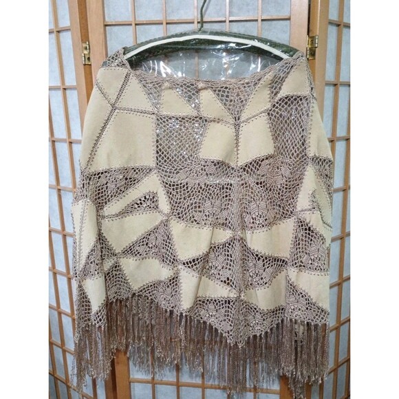 Suede Essentials Poncho OSFA Leather Patchwork Crochet Fringe Boho Cape - Picture 1 of 8